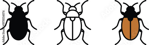 Flat insect beetle icon set with black silhouette outline and color versions isolated on white background for nature design.
