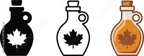 Pure maple syrup bottle icon set with Canadian maple leaf logo in silhouette outline and flat color vector versions.