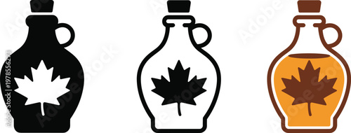 Pure maple syrup bottle icon set with Canadian maple leaf logo in silhouette outline and flat color vector versions