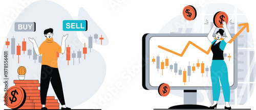 Traders celebrating successful buy and sell transactions on stock market charts