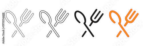 Set of four simplified icons showing a spoon and fork crossed together in outline, solid black, and orange neon outline styles for a dining or restaurant concept.