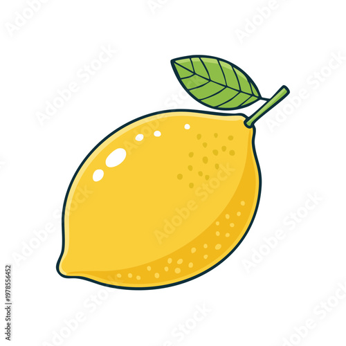 Bright yellow lemon with a green leaf on a white background, simple illustration, fruit
