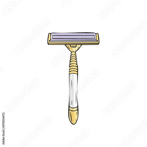 Stylized drawing of a golden and white women's razor with purple blades