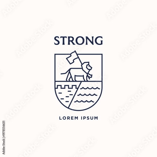 Badge lion linear logo design. Walking lion bring flag with fortress wall strong security guard emblem logo icon symbol sign
