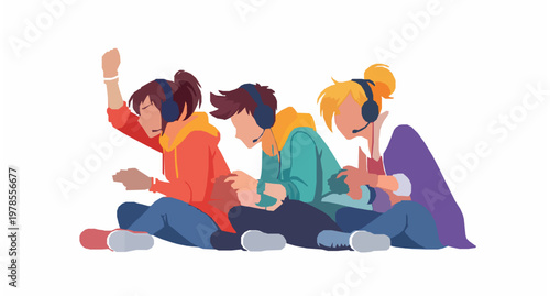 Excited anime teenagers gaming together expressive youth characters vector illustration