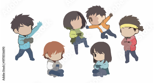 Chibi anime teen gamers group playful video game characters vector set