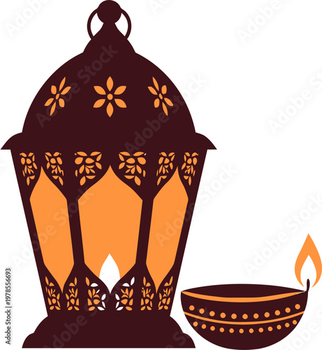Traditional Ramadan lantern with a decorative oil lamp, symbolizing enlightenment and festive celebration during holy month
