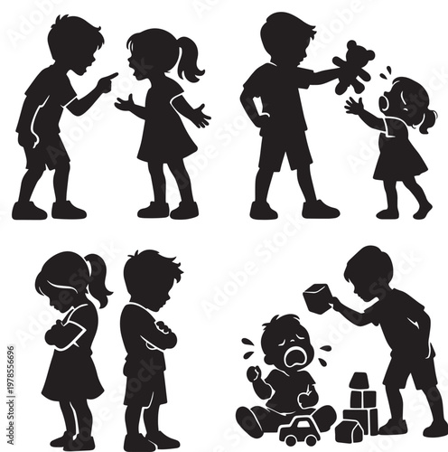 Children silhouettes pointing toy dispute disagreement crying block conflict childhood interaction set