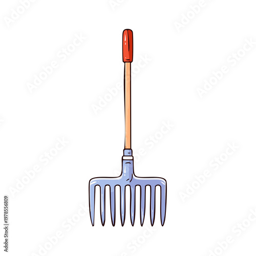 Cartoon Garden Rake with Red Handle Isolated on White Background