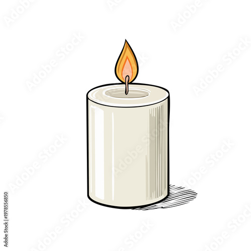 Illuminating white pillar candle with a bright flame and cast shadow, simple illustration style