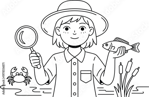 Cute girl biologist explorer holding magnifying glass and fish in pond environment black and white line art vector illustration