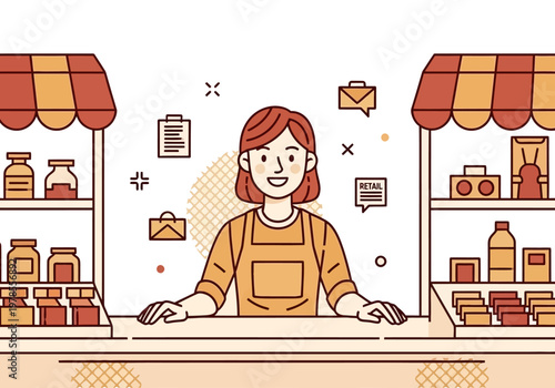 A smiling woman stands behind a counter in a market stall, surrounded by shelves stocked with various goods.