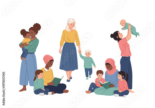 Diverse group of people with kids.