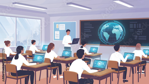Students in a classroom using laptops with a holographic globe and digital data on the blackboard, teacher
