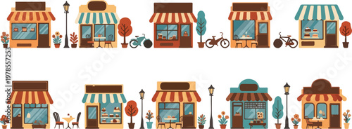 Charming storefront illustration set with boutiques cafes bakeries and street accessories for urban planning map designs.