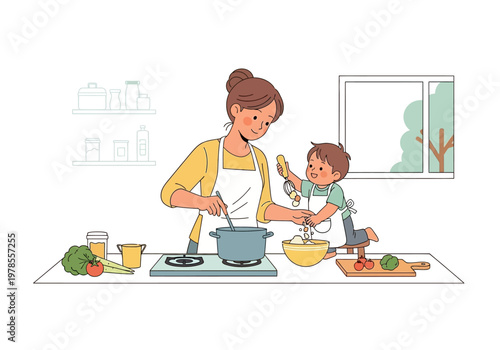 Woman and child cooking together kitchen.