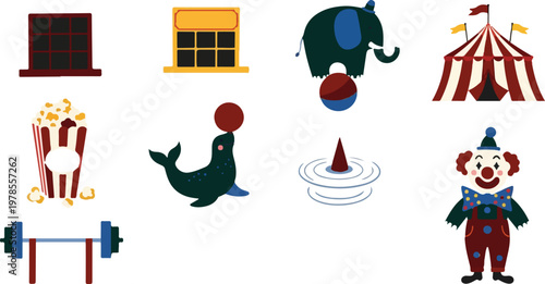 Circus carnival show collection with clown elephant seal popcorn tent and strength weights icons for amusement park events.