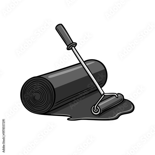 Rolled asphalt material with a spreading tool and melted tar for road construction