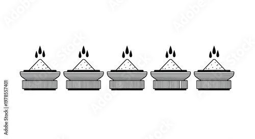 A series of five black and white depictions of conical sand mounds within tiered ritual vessels