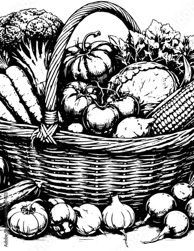 The basket, rendered with intricate weave textures, is packed with a bountiful harvest including broccoli, carrots, tomatoes, pumpkins, cabbage, corn on the cob, bell peppers, zucchini, onions