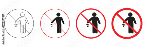 Set of four prohibition signs depicting a person littering with a red prohibition circle and diagonal line, symbolizing no littering rules and a clean environment.
