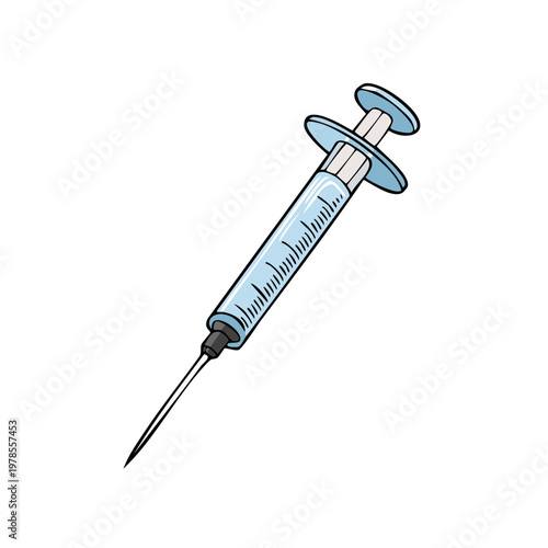 Medical syringe with needle containing blue liquid, cartoon illustration, clear background
