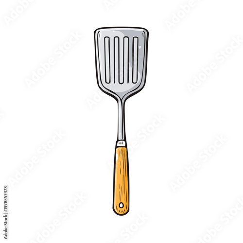 A silver slotted spatula with a wooden handle for cooking and flipping food