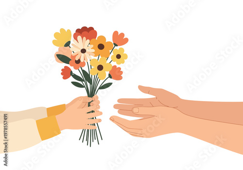 Two hands exchanging a bouquet flowers.