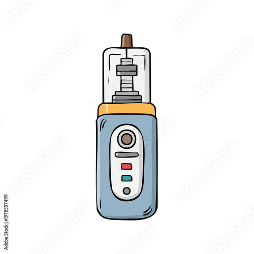 Hand-drawn illustration of a modern vaporizing device with a clear tank and colorful indicator lights.