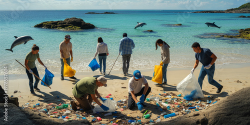 Beach cleanup volunteers photo, people collecting plastic trash on ocean shore, environmental protection concept
