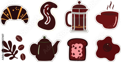 Delicious breakfast and coffee elements set, collection of french press, croissant, and morning meal illustrations.