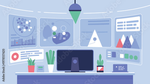 Flat workspace with a computer monitor and floating data dashboard screens on a desk