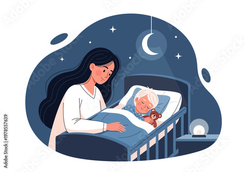 Mother Sleeping Baby in Crib.