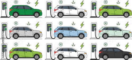 Electric car charging station vector set with colorful suv vehicles at power point for green energy eco transportation.