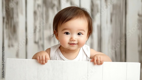 Curious toddler peeking over a wooden surface in a bright and inviting setting