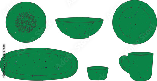 Green speckled ceramic dinnerware set including plates bowls mug and serving tray for rustic table setting and food service.