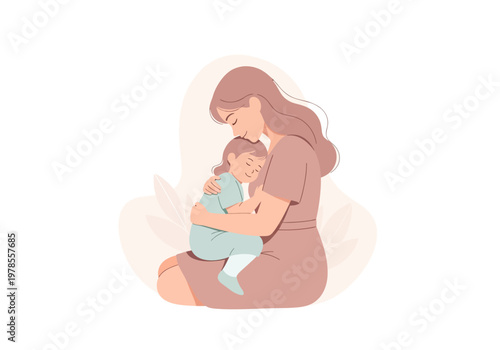 Mother holding newborn baby close.