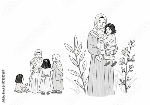Woman wearing hijab holding little girl.