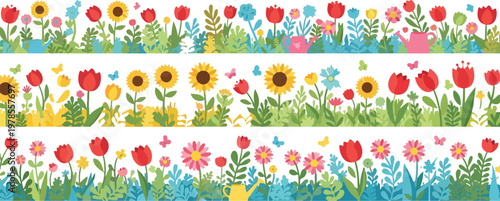 Horizontal floral banner set with spring garden flowers tulips sunflowers and butterflies in hand drawn flat cartoon style.