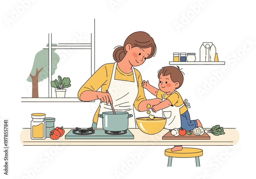 Woman and child cooking together kitchen.