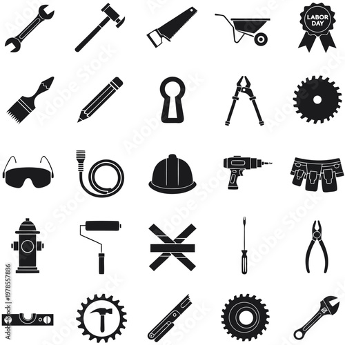Comprehensive set of black icons for labor day and construction work with paint brush saw blade safety goggles hard hat tool belt fire hydrant utility knife flat design cogwheel