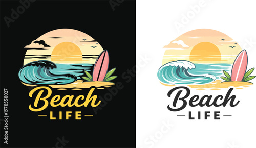 Vintage beach life illustration with sunset waves and surfboard
