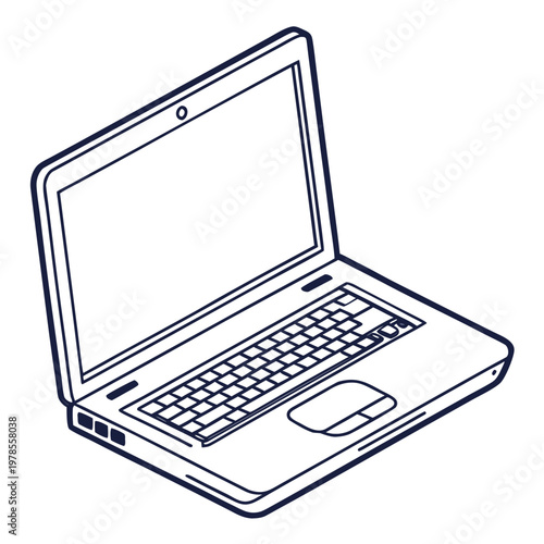 A simple line art illustration of an open laptop computer on a white background