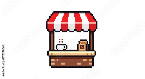 A pixel art illustration of a charming coffee stall with a red and white awning, featuring a steaming cup and a bag of beans on a white backdrop.