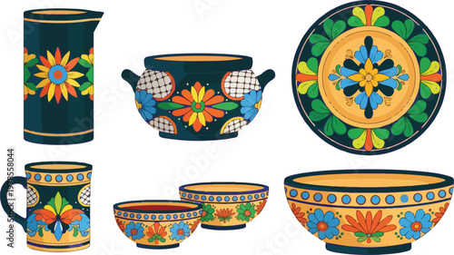Mexican talavera pottery art vector illustration set with ceramic dishes colorful floral ornament traditional design.