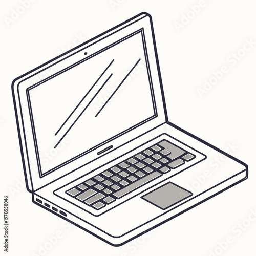 A minimalist line art illustration of an open laptop computer on a plain background
