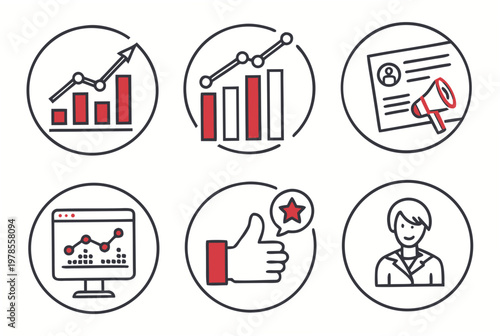 A set of six business icons featuring graphs, a certificate, a computer screen, a thumbs up, and a person, all in a simple line art style with red accents.