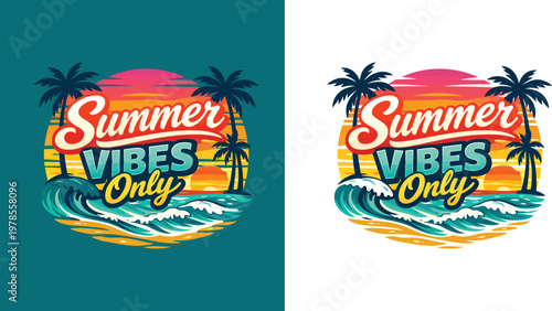 Summer vibes only tropical design with palm trees and sunset