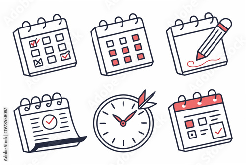 A set of colorful calendar and clock icons for planning and organization