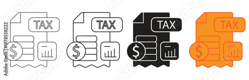 set of simple vector icons representing tax payment with coins and graphs, financial concept, business and accounting illustration in different styles